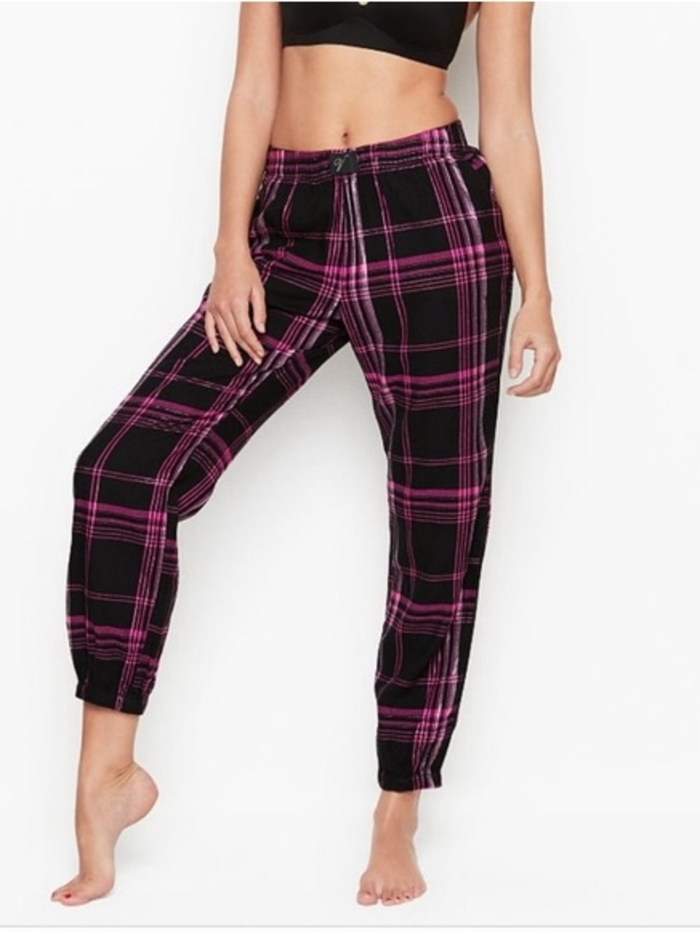 Victoria’s Secret Plaid Flannel Bottom Pajama Pants in Black with Pink Stripes
